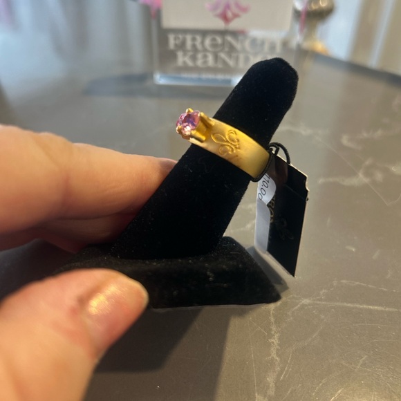 French Kande 24K Gold Clad Ring with 3 Pink Swarovski Crystals SZ: 8 - Picture 5 of 11